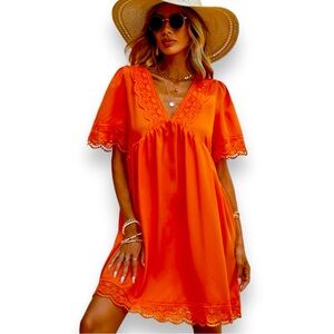 NWOT Size S Orange High Waist Dress 100% Polyester w/Crochet Lace Trim